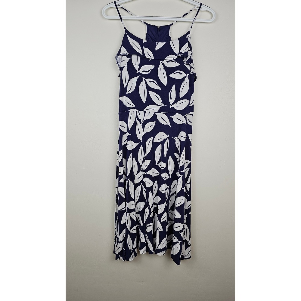 LOFT Dress Women S Blue White Leaf Print Racerback Ruffle Sleeveless Casual